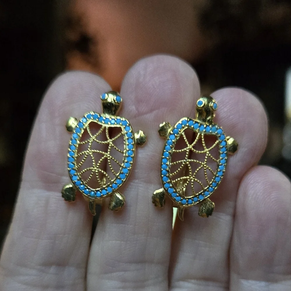 Turquoise Turtle sterling & gold Earrings - Picture 5 of 8